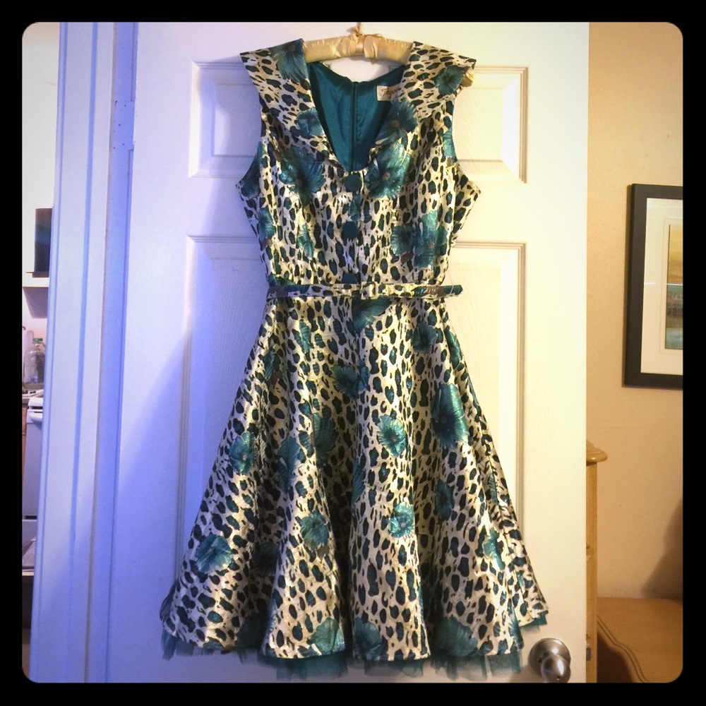 Elegant Teal and Gold Leopard Print Dress